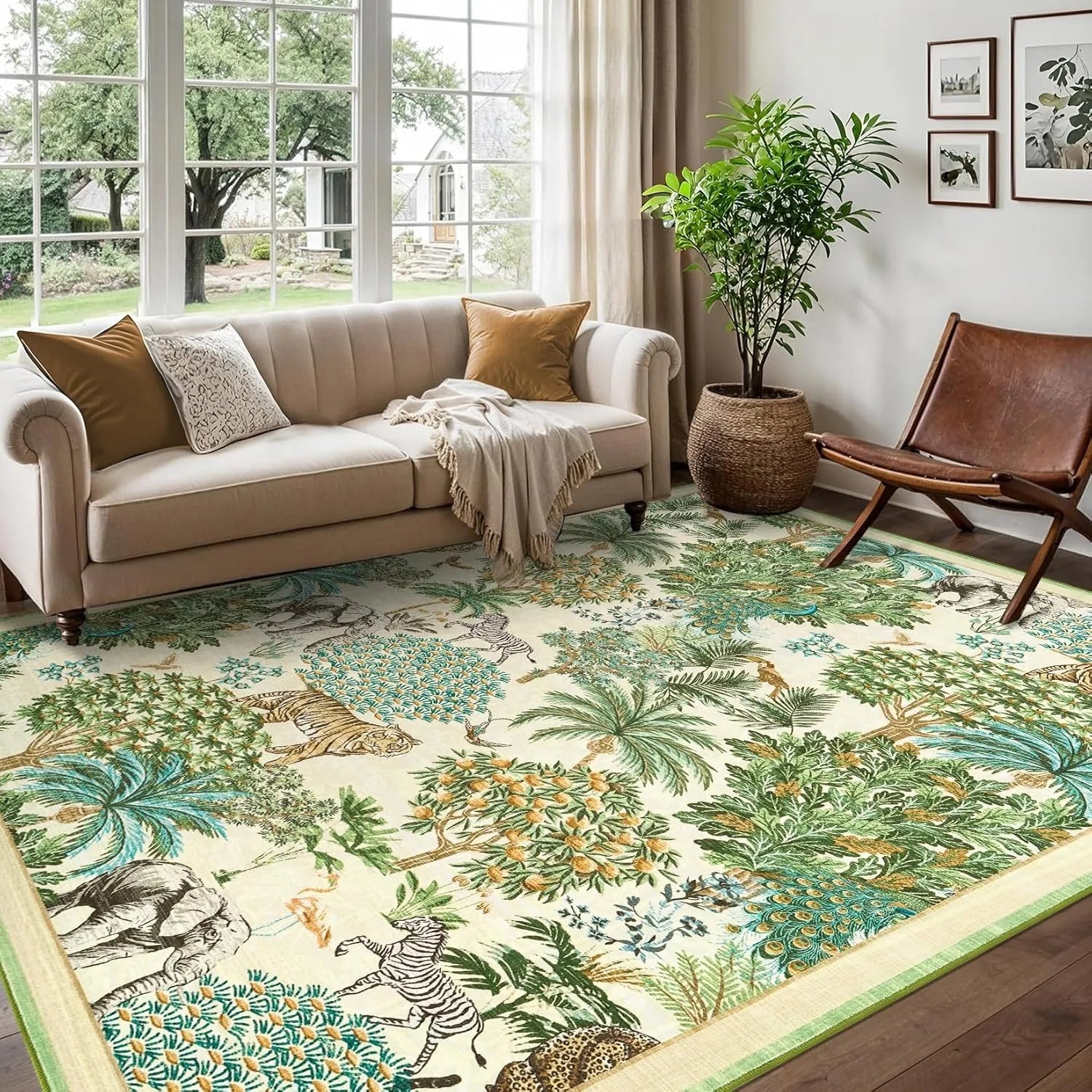 Large Living Room Carpet Soft Machine Washable Bedroom Bedside Rug Jungle Pattern Animal Print Short Velvet Non-slip Floor Mat